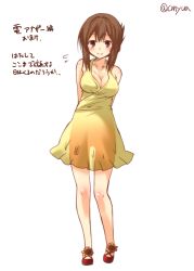 Rule 34 | 10s, 1girl, aged up, alternate costume, arms behind back, artist name, bare shoulders, blush, breasts, brown eyes, brown hair, cleavage, collarbone, covered erect nipples, dress, flower, folded ponytail, formal, full body, inazuma (kancolle), jewelry, kantai collection, large breasts, long hair, looking at viewer, necklace, red footwear, see-through silhouette, shoes, simple background, sleeveless, sleeveless dress, smile, solo, standing, sunflower, translucent, twitter username, white background, yellow dress, yua (checkmate)