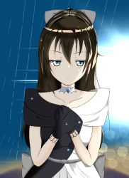 Rule 34 | 1girl, aqua eyes, artist name, artist request, back bow, bare shoulders, belt, black dress, black gloves, black skirt, blue eyes, blue sky, blush, bow, bow hairband, breasts, brooch, brown hair, buttons, choker, cloud, collarbone, diamond (gemstone), dress, drop earrings, earrings, evening gown, female focus, gloves, grey belt, grey bow, grey skirt, hair between eyes, hair bow, hairband, half-closed eyes, half updo, high ponytail, highres, jewelry, lace, lace gloves, long hair, looking at viewer, love live!, love live! nijigasaki high school idol club, love live! school idol festival, miniskirt, multicolored clothes, multicolored dress, night, night sky, off-shoulder dress, off shoulder, osaka shizuku, outdoors, own hands together, parted lips, plaid, plaid dress, plaid skirt, pleated, pleated dress, pleated skirt, ponytail, rain, skirt, sky, sleeveless, sleeveless dress, small breasts, smile, solitude rain (love live!), solo, sparkle, two-tone dress, white bow, white choker, white dress, white skirt