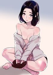 Rule 34 | 1girl, barefoot, black hair, blush, bottomless, breasts, controller, dytm, game controller, grey eyes, grey jacket, highres, holding, holding controller, holding game controller, indian style, jacket, light smile, looking at viewer, mole, mole under eye, off shoulder, open clothes, open jacket, original, short hair, sitting, small breasts, solo, toes