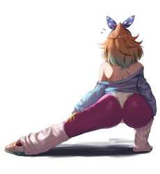 1girl ass back facing_away floral_print from_behind hair_ribbon highres hololive hololive_english leggings leotard multicolored_hair off-shoulder_shirt off_shoulder orange_hair pink_leggings ponytail ribbon shirt simple_background solo stretching takanashi_kiara takanashi_kiara_(fever_night) vicarious virtual_youtuber white_background