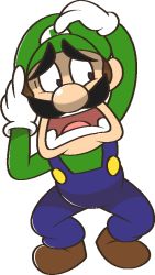Rule 34 | 1boy, arm up, blue eyes, blue overalls, brown footwear, brown hair, constricted pupils, facial hair, full body, gloves, green hat, green shirt, hand on own face, hand on own head, hand up, hat, jaggy lines, long sleeves, looking to the side, luigi, male focus, mario (series), mustache, nintendo, open mouth, overalls, scared, shirt, shoes, short hair, simple background, solo, standing, teeth, vilepluff, white background, white gloves