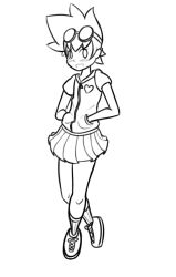 Rule 34 | 1boy, crossdressing, full body, greyscale, hands in pockets, heart, legs, male focus, monochrome, pleated skirt, saru getchu, satoru (saru getchu), shoes, simple background, skirt, smile, solo, source request