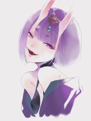 Rule 34 | 1girl, bob cut, cropped torso, fangs, fate/grand order, fate (series), hair ornament, highres, horns, looking at viewer, not anpn, off shoulder, oni, parted lips, purple eyes, purple hair, revealing clothes, short hair, shuten douji (fate), simple background, skin-covered horns, smile, solo, upper body, white background