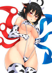 Rule 34 | 1girl, animal ears, animal print, asymmetrical wings, bare shoulders, black hair, blue wings, blush, breasts, commentary request, cow ears, cow horns, cow print, cow print bikini, cowboy shot, daichi (tokoya), elbow gloves, gloves, groin, hair between eyes, highres, horns, houjuu nue, kemonomimi mode, large breasts, looking at viewer, navel, parted lips, pointy ears, print bikini, red eyes, red wings, short hair, simple background, slingshot swimsuit, solo, standing, stomach, sweat, swimsuit, thighhighs, thighs, touhou, white background, white gloves, white thighhighs, wide hips, wings