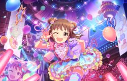 Rule 34 | 10s, blush, brown hair, double bun, dress, hair bun, hand on own hip, happy, idolmaster, idolmaster cinderella girls, idolmaster cinderella girls starlight stage, munakata atsumi, official art, one eye closed, red eyes, short hair, striped clothes, striped thighhighs, thighhighs, wink