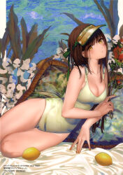 Rule 34 | 1girl, absurdres, bare arms, bare shoulders, bed sheet, blush, breasts, brown eyes, brown hair, cleavage, collarbone, fingernails, flower, food, fruit, highres, kippu, lemon, long hair, looking at viewer, lying, medium breasts, on side, one-piece swimsuit, original, page number, parted lips, pillow, scan, swimsuit, thighs, visor cap, yellow nails