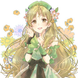 Rule 34 | 1girl, atelier (series), atelier ayesha, ayesha altugle, blonde hair, blush, bow, brown eyes, dress, flower, green dress, hair flower, hair ornament, hani (udauda), long hair, looking at viewer, open mouth, own hands together, simple background, smile, solo, upper body, waist bow, white background, wrist cuffs