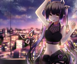 Rule 34 | 1girl, arm up, armpits, black hair, black jacket, black ribbon, black shirt, blouse, blunt bangs, blush, breasts, city, cityscape, cleavage, clothes around waist, commentary request, cowboy shot, crop top, dameyoshi, demon girl, demon horns, demon tail, dusk, heart, heart print, highres, horns, indoors, jacket, jacket around waist, kojo anna, kojo anna (1st costume), leg ribbon, long hair, looking at viewer, medium breasts, midriff, multicolored hair, nanashi inc., navel, open mouth, pointy ears, print shirt, purple hair, ribbon, see-through, see-through cleavage, see-through shirt, shirt, sleeveless, sleeveless shirt, smile, solo, star (sky), sugar lyric, tail, tongue, tongue out, twintails, two-tone hair, virtual youtuber, window, yellow eyes, zipper