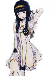 Rule 34 | 1girl, absurdres, black eyes, black hair, commentary, detached collar, dress, feason, gloves, gnosia, gradient background, hairband, highres, hime cut, long hair, looking to the side, solo, standing, straight hair, white background, white dress, white gloves, yellow hairband, yuriko (gnosia)