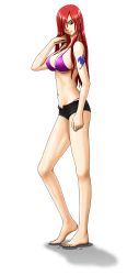 Rule 34 | 1girl, absurdres, barefoot, bikini, breasts, brown eyes, earrings, erza scarlet, fairy tail, female focus, full body, hair over one eye, highres, jewelry, long hair, long image, mechr, red hair, shorts, smile, solo, swimsuit, tall image, tattoo, unzipped, wet, white background