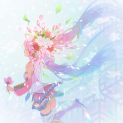 Rule 34 | 1girl, arm tattoo, bare shoulders, blue hair, blush, boots, bud, chagashi, cherry, cherry blossoms, detached sleeves, closed eyes, feet out of frame, floating hair, flower, food, from behind, fruit, fruit hair ornament, gradient hair, hair flower, hair ornament, hatsune miku, headphones, holding, holding flower, jumping, leaf, long hair, miniskirt, multicolored hair, petals, pink flower, pink hair, pleated skirt, profile, sakura miku, scarf, unworn scarf, see-through, skirt, snowflake print, snowflakes, snowing, solo, square, tattoo, thigh boots, thighhighs, transformation, twintails, two-tone hair, very long hair, vocaloid, yuki miku