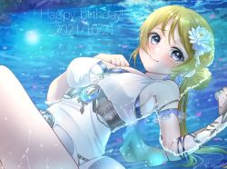 Rule 34 | 1girl, alternate hairstyle, arm ribbon, artist name, artist request, ayase eli, bare legs, bare shoulders, blonde hair, blue eyes, blue ribbon, blush, bow, bracelet, breasts, cleavage, clenched hands, collarbone, crescent, crescent earrings, crescent moon symbol, dress, earrings, female focus, flower, hair between eyes, hair bun, hair flower, hair ornament, hair ribbon, highres, jewelry, knees up, long hair, looking at viewer, love live!, love live! school idol festival, love live! school idol festival all stars, love live! school idol project, low ponytail, medium breasts, miniskirt, night, night sky, ocean, outdoors, parted lips, plaid, plaid dress, plaid skirt, pleated, pleated dress, pleated skirt, ponytail, ribbon, short hair, side bun, single hair bun, skirt, sky, smile, solo, star (symbol), star earrings, venus on a moonlit night (love live!), white bow, white dress, white flower, white skirt