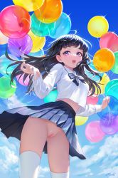 Rule 34 | 1girl, absurdres, artist name, balloon, black hair, blouse, blue eyes, bow, bowtie, cleft of venus, cloud, cowboy shot, floating hair, heartki, highres, holding, holding balloon, long hair, multicolored eyes, no panties, nude filter, open mouth, original, pleated skirt, pussy, sailor collar, school uniform, shirt, skirt, sky, smile, solo, standing, thighhighs, third-party edit, uncensored, upskirt, white shirt, white thighhighs