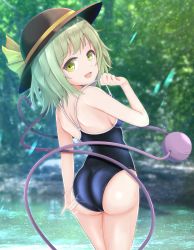 Rule 34 | 1girl, absurdres, adjusting clothes, adjusting swimsuit, ass, back, backboob, blue one-piece swimsuit, breasts, competition school swimsuit, eyeball, forest, from behind, gluteal fold, green eyes, green hair, hat, hat ribbon, heart, heart of string, highres, komeiji koishi, looking at viewer, looking back, nature, new school swimsuit, one-piece swimsuit, open mouth, outdoors, ribbon, river, school swimsuit, shoulder blades, silver hair, smile, solo, swimsuit, third eye, touhou, tree, water, wavy hair, wottosei, yellow ribbon