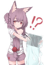 Rule 34 | !?, 1girl, animal ears, bad id, bad pixiv id, brown eyes, brown hair, brown shorts, brown thighhighs, cat ears, commentary request, hair bobbles, hair ornament, holding, long hair, off shoulder, original, outstretched arms, paryi, shirt, shorts, side ponytail, solo, striped clothes, striped shirt, stylus, tablet pc, thighhighs, two side up, water