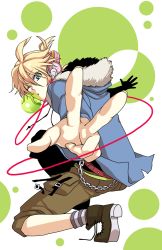 Rule 34 | 1boy, alternate costume, aqua eyes, belt, blonde hair, blowing bubbles, casual, chain, chewing gum, coat, headphones, headset, kagamine len, male focus, one eye closed, on one knee, solo, v, vocaloid, wink, yamako, yamako (state of children)