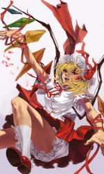 Rule 34 | 1girl, blonde hair, fangs, flandre scarlet, hat, highres, mary janes, mob cap, one side up, petals, red eyes, shoes, simple background, solo, thorx, touhou, white background, wings