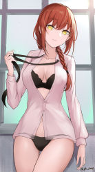 Rule 34 | 1girl, absurdres, black bra, black necktie, black panties, blush, bra, braid, braided ponytail, breasts, chainsaw man, closed mouth, collarbone, collared shirt, commentary request, highres, holding neckwear, long hair, looking at viewer, makima (chainsaw man), medium breasts, necktie, panties, pk trap, red hair, ringed eyes, shirt, smile, solo, twitter username, underwear, white shirt, window, yellow eyes