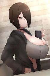 Rule 34 | 1girl, between breasts, breasts, brown eyes, brown hair, cellphone, choker, cleavage, expressionless, hair over one eye, hand on own hip, highres, holding, holding phone, huge breasts, jacket, midriff, nao (ritsancrossover), original, pai-chan (nao (ritsancrossover)), phone, selfie, short hair, smartphone, solo, sports bra, standing, v