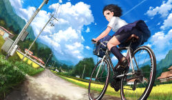 Rule 34 | 1girl, ass, bag, bicycle, bicycle basket, bike shorts, black hair, black shorts, blue skirt, blue sky, brown eyes, brown footwear, cloud, cloudy sky, commentary request, contrail, day, dutch angle, field, fisheye, grin, house, lamppost, lif (lif &amp; ref), loafers, mountainous horizon, original, outdoors, pleated skirt, power lines, riding, road, rural, scenery, school uniform, shirt, shoes, short hair, short sleeves, shorts, skirt, sky, smile, solo, white shirt