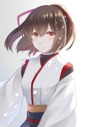 Rule 34 | 1girl, brown hair, hair ribbon, ise (kancolle), kantai collection, looking at viewer, nontraditional miko, ponytail, red eyes, red ribbon, ribbon, short hair, simple background, solo, upper body, white background, yuzu (kimagure kankitsurui)