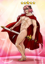 Rule 34 | 1boy, abs, aged up, astolfo (fate), barefoot, between legs, black panties, braid, commentary, english commentary, eyeliner, fabulous, fate/grand order, fate (series), feathers, highleg, highleg panties, highres, jamrolypoly, lips, long braid, long hair, makeup, male focus, manly, multicolored hair, muscular, panties, pectorals, phallic symbol, pink eyes, pink hair, scabbard, sheath, sheathed, single braid, solo, sparkle, star (symbol), streaked hair, sword, toes, topless male, underwear, weapon, white hair