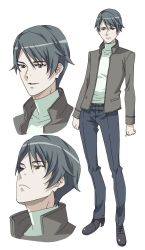 Rule 34 | 1boy, amano yo-ki, belt, black hair, brown jacket, character sheet, commentary request, frown, full body, jacket, male focus, original, solo, turtleneck, white background