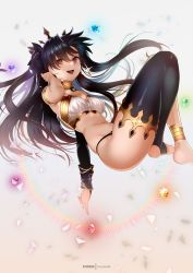 Rule 34 | 1girl, absurdres, anklet, armlet, asymmetrical legwear, asymmetrical sleeves, bare shoulders, barefoot, bikini, black bikini, black hair, blush, breasts, bridal gauntlets, crossed legs, detached collar, detached sleeves, earrings, fate/grand order, fate (series), gem, highres, hoop earrings, ishtar (fate), jewelry, long hair, looking at viewer, mismatched bikini, neck ring, open mouth, parted bangs, red eyes, simple background, single detached sleeve, single thighhigh, smile, solo, sparkle, swimsuit, thighhighs, thighs, tiara, toeless legwear, two side up, uneven legwear, uneven sleeves, white background, white bikini, zasshu