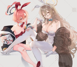 Rule 34 | 2girls, ahoge, akane (blue archive), akane (bunny) (blue archive), animal ears, bandaid, bandaid on knee, bandaid on leg, black-framed eyewear, blue archive, blue bow, blush, bow, braid, breasts, brown eyes, cleavage, closed mouth, detached collar, fake animal ears, glasses, gloves, hair between eyes, halo, high heels, huge ahoge, jacket, large breasts, leotard, light brown hair, long hair, looking at viewer, multiple girls, neru (blue archive), neru (bunny) (blue archive), official alternate costume, open mouth, orange hair, pantyhose, rabbit ears, red bow, red eyes, red footwear, red leotard, short hair, single braid, small breasts, smile, strapless, strapless leotard, sukajan, tautiki, white footwear, white gloves, white leotard, white pantyhose