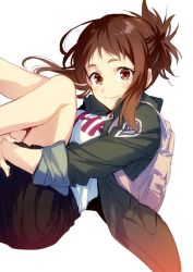 Rule 34 | 10s, 1girl, backpack, bag, black skirt, blush stickers, boku no hero academia, breasts, closed mouth, commentary, feet out of frame, folded ponytail, green jacket, hegi, hugging own legs, jacket, large breasts, looking at viewer, medium hair, simple background, skirt, smile, solo, uraraka ochako, white background