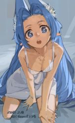 Rule 34 | 1girl, animal ear fluff, animal ears, bare shoulders, blue eyes, blue hair, breasts, dress, hair intakes, hand on own thigh, head tilt, long hair, looking at viewer, matching hair/eyes, open mouth, original, pointy ears, small breasts, smile, solo, star-shaped pupils, star (symbol), symbol-shaped pupils, toro (konirio), very long hair, white dress