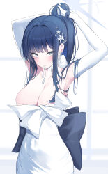 Rule 34 | 1girl, absurdres, adjusting hair, ahr tato, armpits, black hair, blue archive, blue eyes, blue halo, blush, breasts, choker, cleavage, closed mouth, dress, earrings, elbow gloves, gloves, hair ornament, halo, highres, jewelry, korean commentary, large breasts, long hair, mouth hold, official alternate costume, saori (blue archive), saori (dress) (blue archive), solo, strapless, strapless dress, white choker, white dress, white gloves