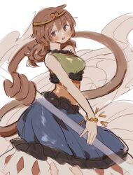 Rule 34 | 1girl, absurdres, blue dress, blush, breasts, brown eyes, brown hair, circlet, dress, green dress, hair between eyes, highres, long hair, looking at viewer, low twintails, medium breasts, monkey tail, multicolored clothes, multicolored dress, open mouth, orange dress, simple background, smile, solo, son biten, tail, touhou, tsukiori, twintails, unfinished dream of all living ghost, white background, yellow bracelet
