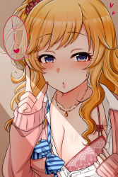 Rule 34 | 1girl, :o, absurdres, blonde hair, blouse, blue bow, blue eyes, blush, bow, bowtie, bra, breasts, brown background, cardigan, cleavage, collarbone, collared shirt, dress shirt, fingernails, hair ornament, hair scrunchie, heart, highres, idolmaster, idolmaster cinderella girls, jewelry, large breasts, long fingernails, long hair, long sleeves, looking at viewer, mariabowl, nail polish, necklace, ohtsuki yui, pink bra, pink cardigan, pink scrunchie, portrait, red nails, scrunchie, shirt, solo, spoken heart, striped, striped bow, translation request, underwear, white shirt