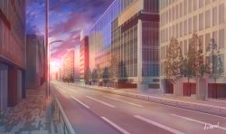 Rule 34 | absurdres, bad id, bad pixiv id, building, city, cityscape, cloud, commentary request, fence, hakuurei amano, highres, lamppost, no humans, original, outdoors, purple sky, road, scenery, shadow, sky, street, sunset, tree, watermark