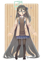 Rule 34 | 1girl, absurdly long hair, aris (blue archive), black footwear, black hair, black pantyhose, black vest, blue archive, blue eyes, blue necktie, blue skirt, blush, brown jacket, closed mouth, collared shirt, full body, green halo, halo, highres, jacket, long hair, looking at viewer, necktie, one side up, open clothes, open jacket, original-orange-610917, pantyhose, pleated skirt, shirt, shoes, skirt, smile, solo, very long hair, vest, white shirt