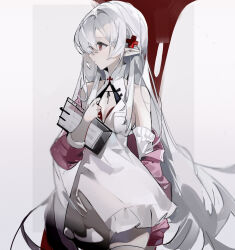 Rule 34 | 1girl, arknights, bare shoulders, commentary request, cowboy shot, cross hair ornament, dress, grey background, hair ornament, highres, long hair, long sleeves, looking to the side, pointy ears, profile, red eyes, solo, standing, taiz22, very long hair, warfarin (arknights), white dress, white hair