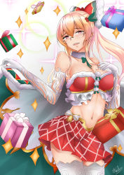 Rule 34 | 10s, 1girl, absurdres, bare shoulders, blonde hair, bow, box, breasts, christmas, collarbone, detached sleeves, empty eyes, gift, gift box, glasses, gloves, gradient background, granblue fantasy, hair between eyes, hair bow, hair ribbon, highres, kneeling, large breasts, lips, long hair, looking at viewer, midriff, navel, nekobox, open mouth, pleated skirt, ponytail, red eyes, ribbon, skirt, solo, thighhighs, thighs, vira (granblue fantasy), white gloves, white thighhighs