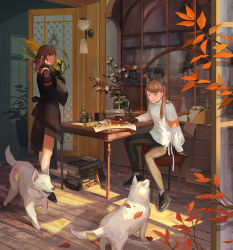 Rule 34 | 2girls, absurdres, armband, autumn, black footwear, black gloves, black pants, blue eyes, book, book stack, braid, cabinet, chair, dog, flower, gloves, highres, holding, holding flower, huge filesize, indoors, lamp, long hair, long sleeves, multiple girls, noasa, original, pants, plant, potted plant, scenery, sitting, table, twintails, wooden floor