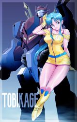 Rule 34 | 1girl, blouse, blue eyes, blue hair, boots, bra strap, breasts, clenched hand, collarbone, gloves, glowing, glowing eyes, highres, houraiou, long hair, looking at viewer, low ponytail, matayoshi (nopple 1000), mecha, medium breasts, ninja senshi tobikage, off-shoulder shirt, off shoulder, panties, red panties, reni ai, robot, shirt, underwear, yellow footwear, yellow gloves, yellow shirt