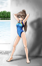 Rule 34 | arms behind head, barefoot, brown eyes, brown hair, competition swimsuit, long hair, one-piece swimsuit, original, ponytail, swimsuit, yagisawa keiichi