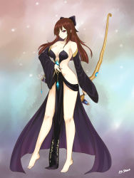Rule 34 | 1girl, bad id, bad pixiv id, bare shoulders, barefoot, bow, bow (weapon), breasts, brown hair, cleavage, collarbone, detached sleeves, female focus, hair bow, legs, long hair, medium breasts, quiver, red eyes, revealing clothes, shaojiang, sideboob, solo, source request, weapon