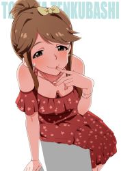 Rule 34 | 10s, 1girl, bare shoulders, blush, bow, bracelet, breasts, brown eyes, brown hair, character name, cleavage, closed mouth, collarbone, downblouse, dress, earrings, finger to mouth, floral print, glint, hair bow, heart, heart necklace, idolmaster, idolmaster million live!, jewelry, leaning forward, lips, looking at viewer, nail polish, nanakura nanane, naughty face, necklace, pendant, pink nails, ponytail, red dress, short hair, sidelocks, simple background, sitting, sleeveless, sleeveless dress, smile, solo, tareme, tenkuubashi tomoka, white background, yellow bow