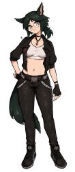 Rule 34 | 1girl, animal ears, belt, black belt, black choker, black footwear, black gloves, black hair, black jacket, black pants, breasts, choker, closed mouth, collarbone, commentary, commission, crop top, english commentary, fingerless gloves, full body, glasses, gloves, green hair, grey eyes, groin, head tilt, highres, jacket, low ponytail, navel, oninuer, open clothes, open jacket, original, pants, parted bangs, ponytail, round eyewear, shoes, simple background, small breasts, solo, standing, tail, white background