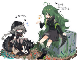 Rule 34 | 2girls, ahoge, arknights, black footwear, black legwear, black shorts, blush, commentary, crocodilian, crocodilian tail, detached sleeves, flower, gavial (arknights), goggles, goggles around neck, green hair, green legwear, green vest, grey hair, hood, hood up, long hair, multiple girls, on ground, open mouth, outdoors, own hands together, ryu (17569823), shorts, sitting, socks, sparkle, sweat, tail, thighhighs, tomimi (arknights), torn clothes, torn legwear, very long hair, vest, white flower, yellow eyes, yokozuwari