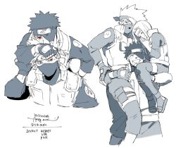 Rule 34 | 1girl, 2boys, a-tsuki, carrying, carrying person, fingerless gloves, forehead protector, gloves, grin, hatake kakashi, mask, mouth mask, multiple boys, naruto (series), nohara rin, pants, red eyes, scar, scar across eye, scar on face, sharingan, short hair, smile, spiked hair, uchiha obito, vest
