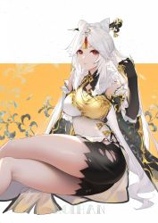 Rule 34 | 1girl, absurdres, artist name, black gloves, breasts, claw ring, feet out of frame, fur trim, genshin impact, gloves, hair ornament, hair stick, hand up, highres, koi han, large breasts, crossed legs, long hair, ningguang (genshin impact), red eyes, silver hair, sitting, solo, thighs, torn clothes, very long hair