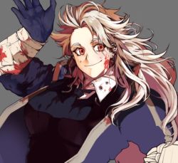 Rule 34 | 1girl, artist request, blood, breasts, dorohedoro, earrings, gloves, highres, jacket, jewelry, long hair, looking at viewer, muscular, muscular female, necktie, noi (dorohedoro), red eyes, simple background, solo, white hair
