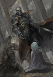 Rule 34 | 1girl, 2boys, ambiguous gender, armor, blue cape, blue hair, breastplate, brown cape, cape, dust, dust cloud, fantasy, gauntlets, holding, holding sword, holding weapon, kneeling, knight, light blue hair, looking at another, medium hair, multiple boys, original, outdoors, pauldrons, ribs, ruins, shoulder armor, shousuke (skirge), signature, skeleton, skull, spine, sword, teeth, torn cape, torn clothes, vambraces, weapon