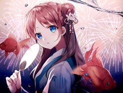 Rule 34 | 1girl, aerial fireworks, akami fumio, animal, blue eyes, blush, brown hair, commentary request, double bun, fireworks, fish, hair bun, hair ornament, hand fan, holding, holding fan, japanese clothes, kimono, long hair, long sleeves, looking at viewer, looking to the side, night, night sky, original, outdoors, paper fan, parted bangs, parted lips, sky, solo, uchiwa, upper body, white kimono